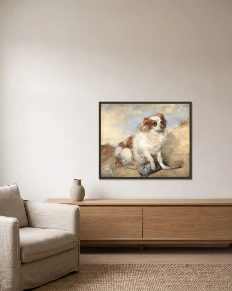 En spaniel med en råtta av George Frederic Watts inramad på en vägg