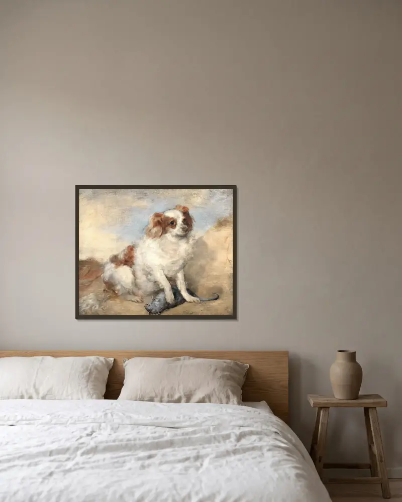 En spaniel med en råtta av George Frederic Watts inramad på en vägg