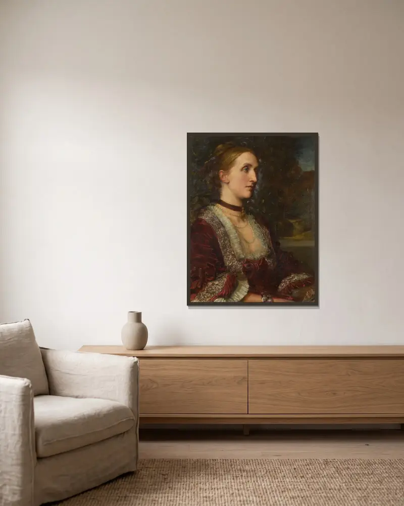 Portrait Of Mrs Agnes Jane Moore av George Frederic Watts inramad på en vägg
