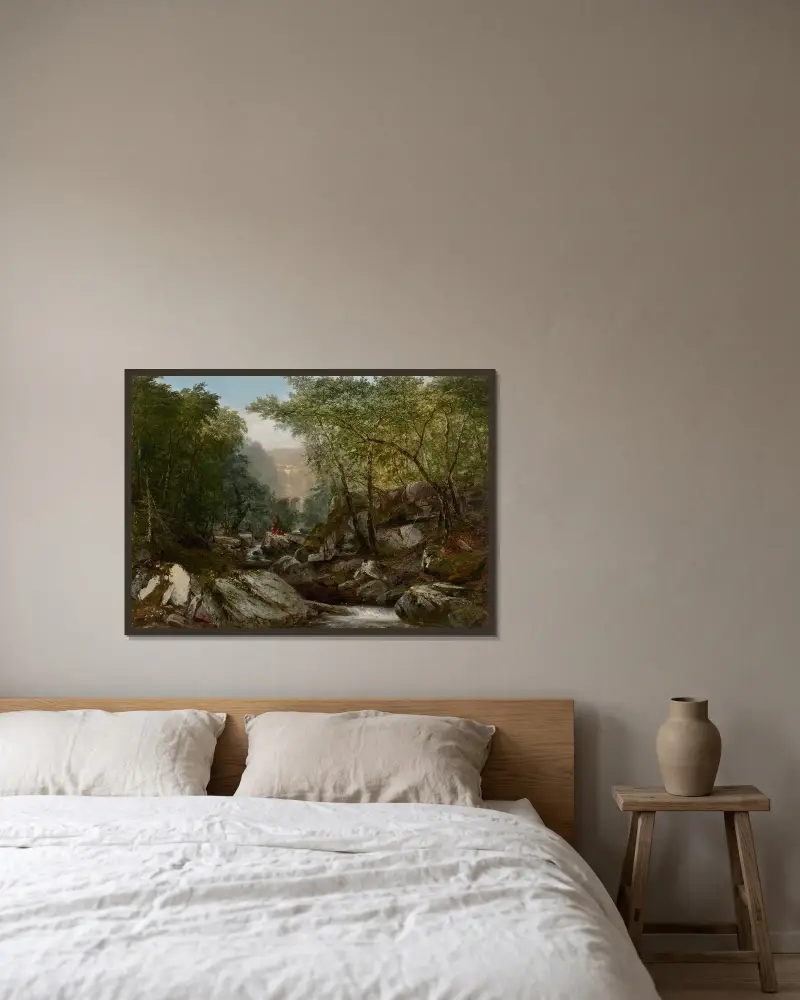 Vattenfall i skogen med indianer av John Frederick Kensett inramad på en vägg