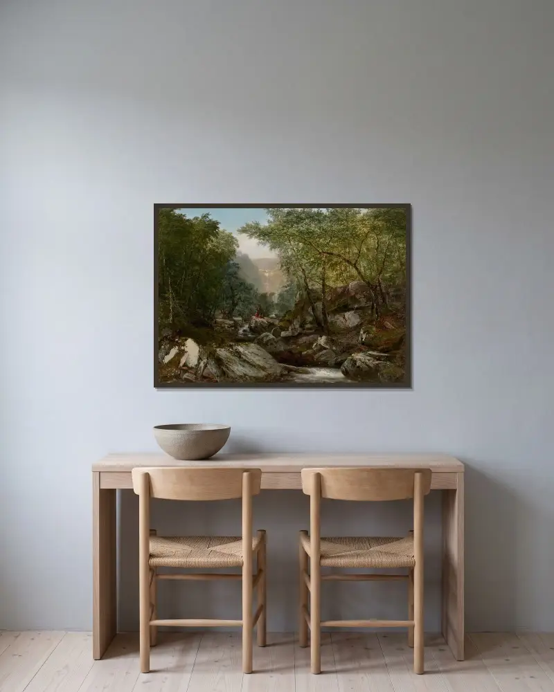 Vattenfall i skogen med indianer av John Frederick Kensett inramad på en vägg