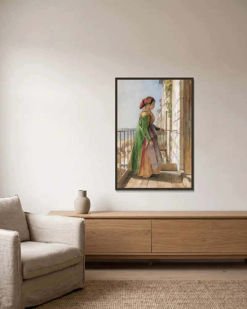 En grekisk flicka stående på en balkong (A Greek Girl Standing on a Balcony) av John Frederick Lewis inramad på en vägg