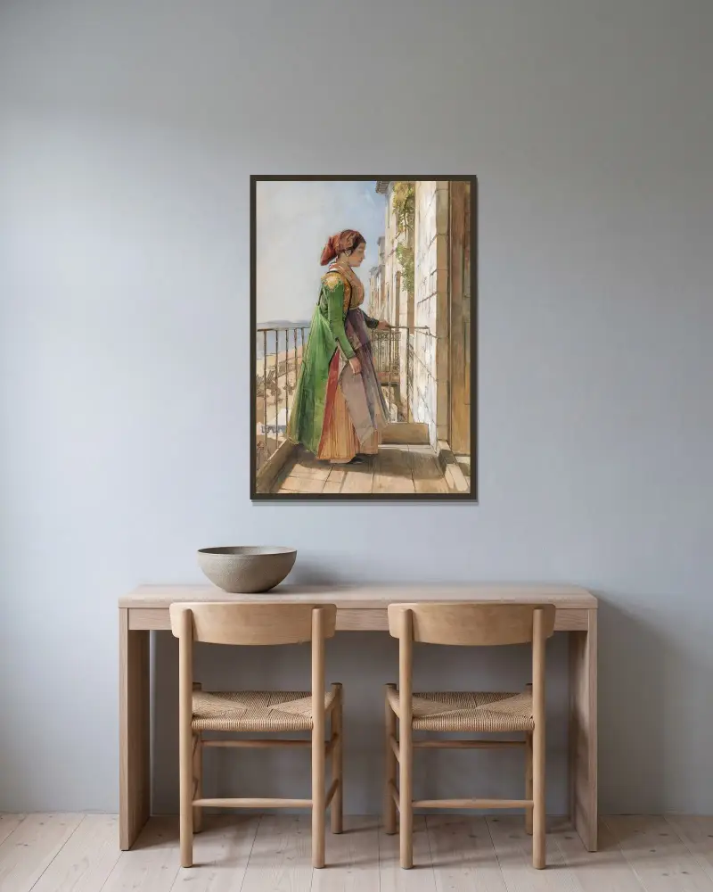 En grekisk flicka stående på en balkong (A Greek Girl Standing on a Balcony) av John Frederick Lewis inramad på en vägg