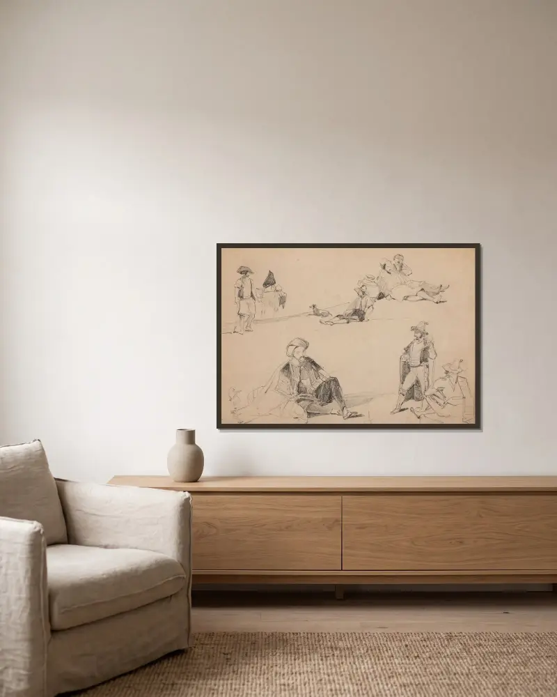 Figurstudier i dräkt av John Frederick Lewis inramad på en vägg
