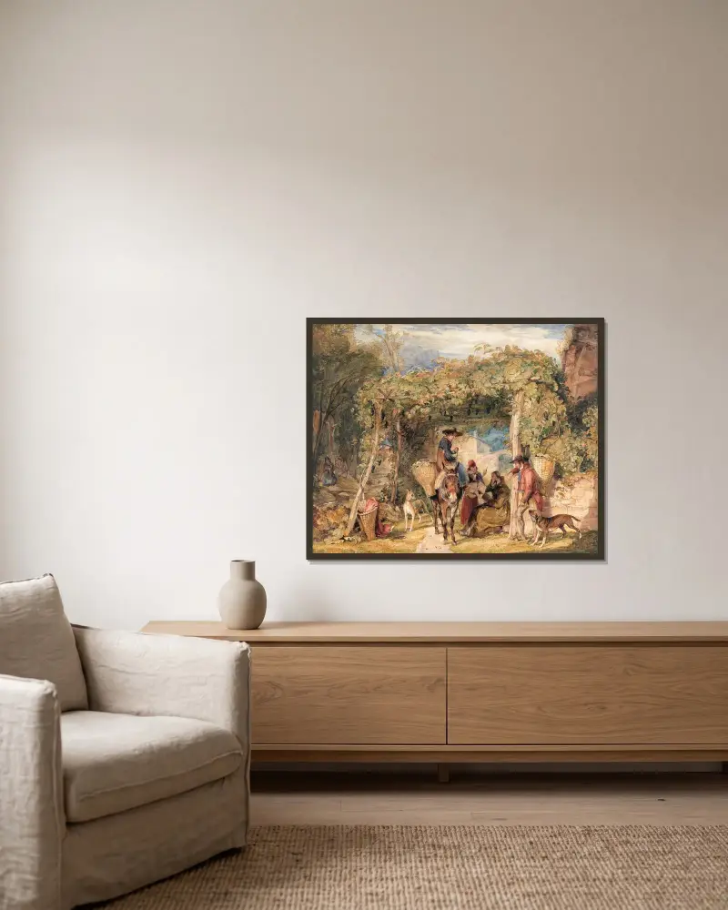 Figurer och djur i en vingård av John Frederick Lewis inramad på en vägg