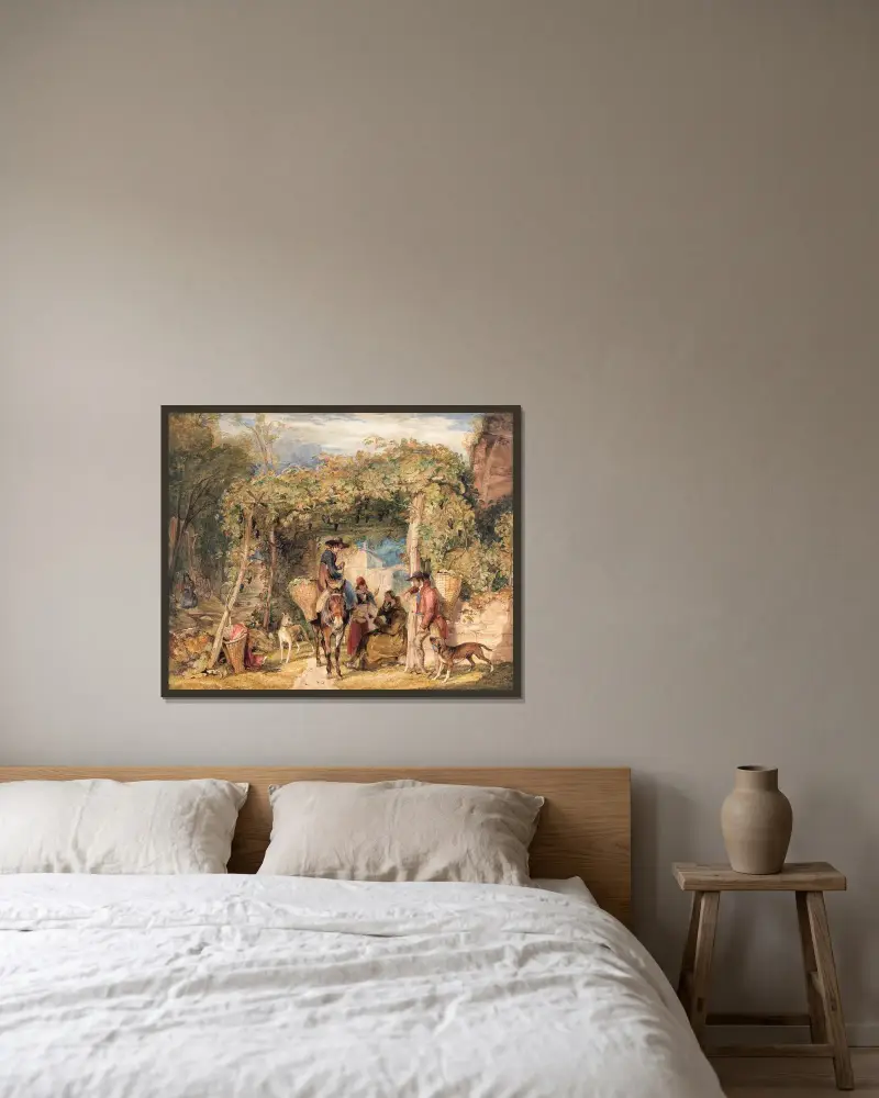 Figurer och djur i en vingård av John Frederick Lewis inramad på en vägg