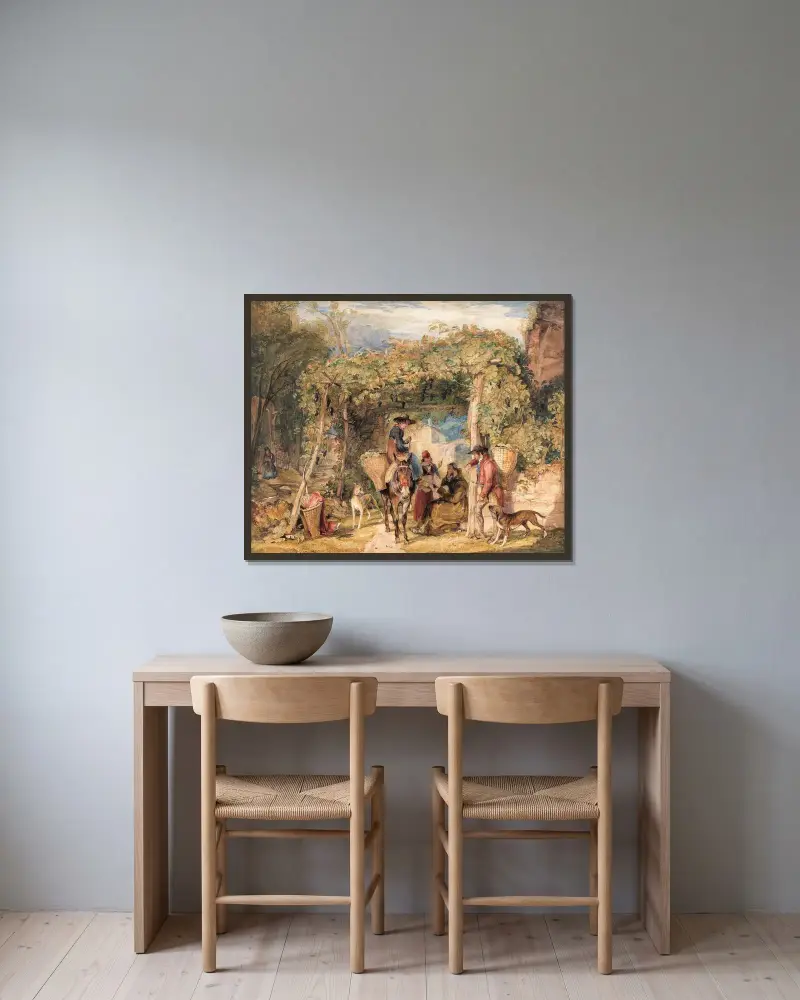 Figurer och djur i en vingård av John Frederick Lewis inramad på en vägg