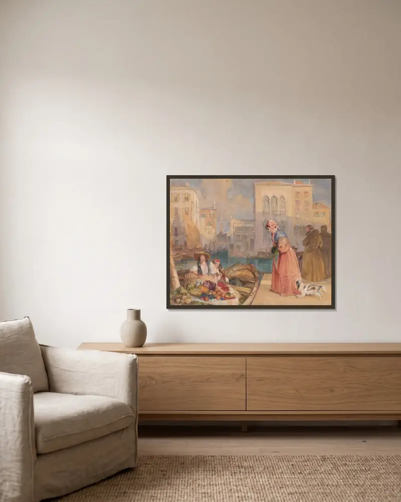 Frukthandlare vid en venetiansk kanal av John Frederick Lewis inramad på en vägg