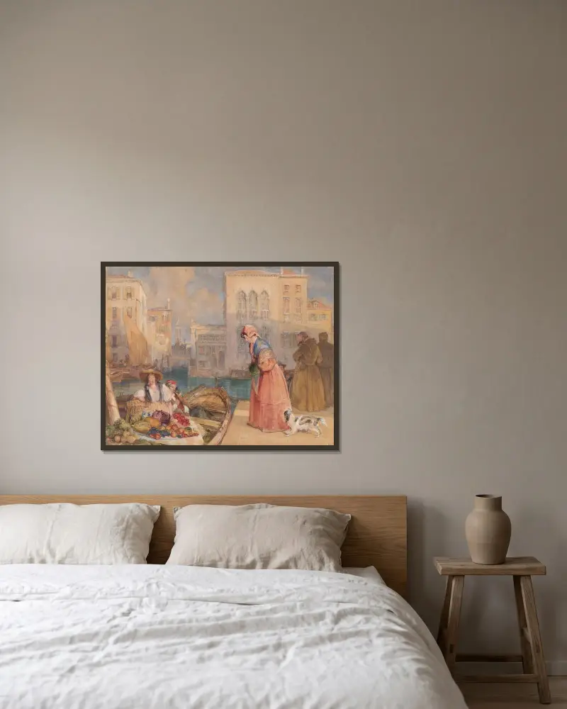 Frukthandlare vid en venetiansk kanal av John Frederick Lewis inramad på en vägg
