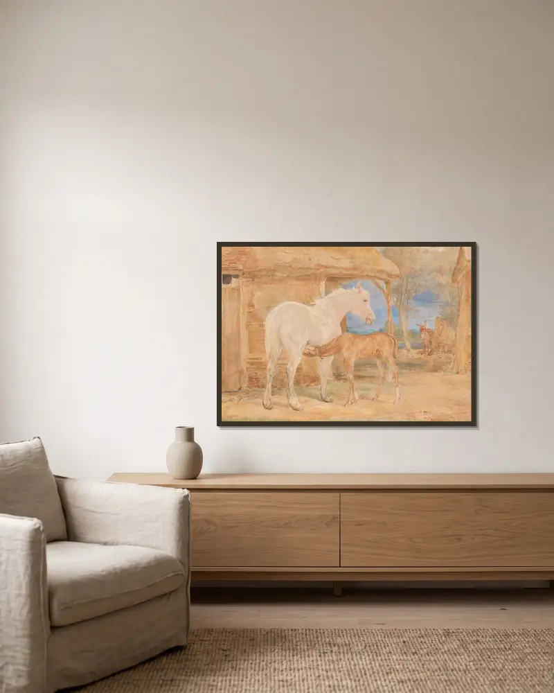 Grå märr och en fuxföl av John Frederick Lewis inramad på en vägg