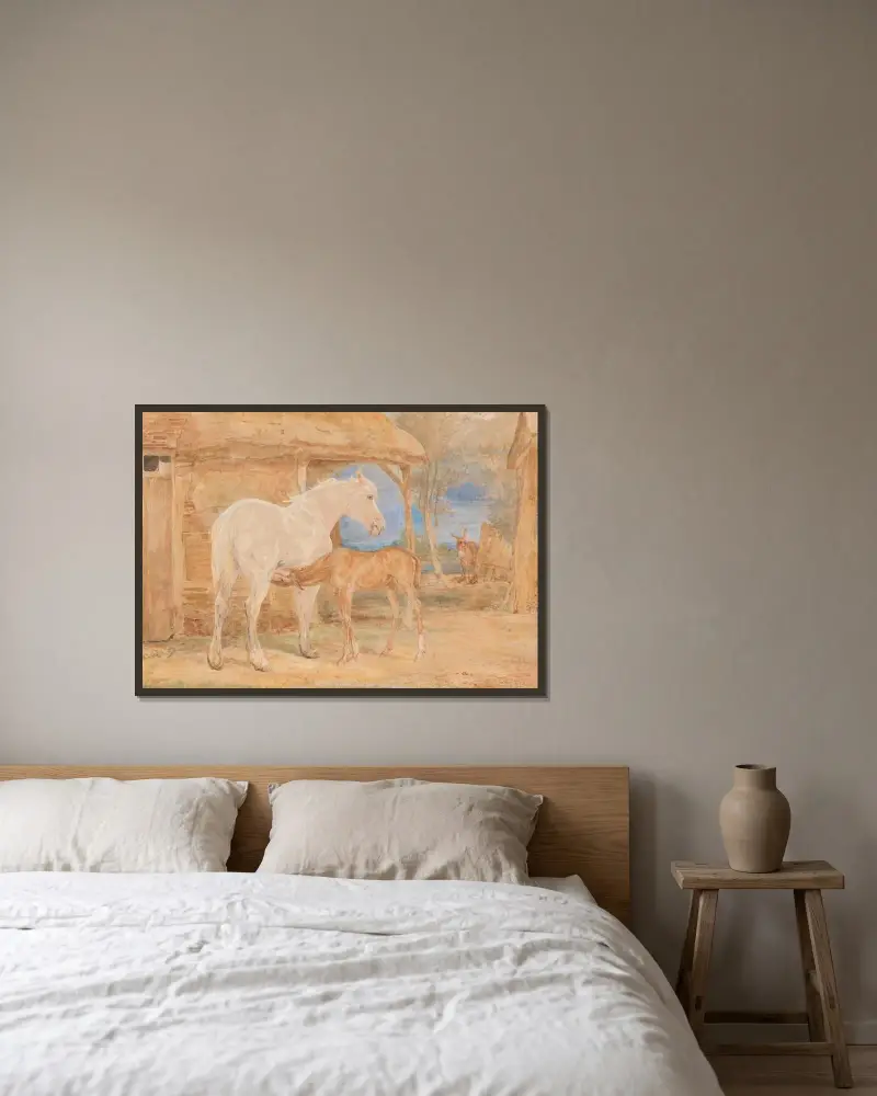 Grå märr och en fuxföl av John Frederick Lewis inramad på en vägg