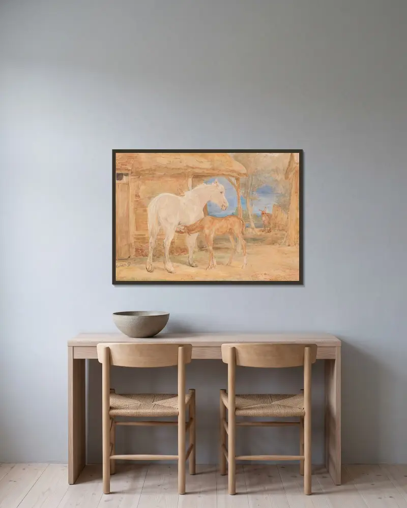 Grå märr och en fuxföl av John Frederick Lewis inramad på en vägg