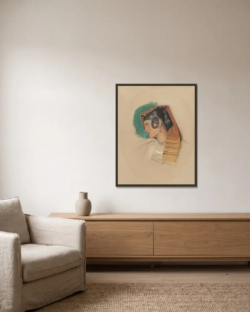 Porträttstudie av en italiensk bondedotter av John Frederick Lewis inramad på en vägg