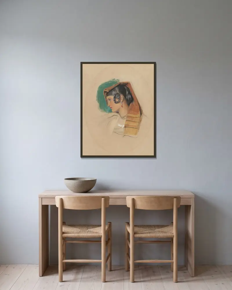 Porträttstudie av en italiensk bondedotter av John Frederick Lewis inramad på en vägg