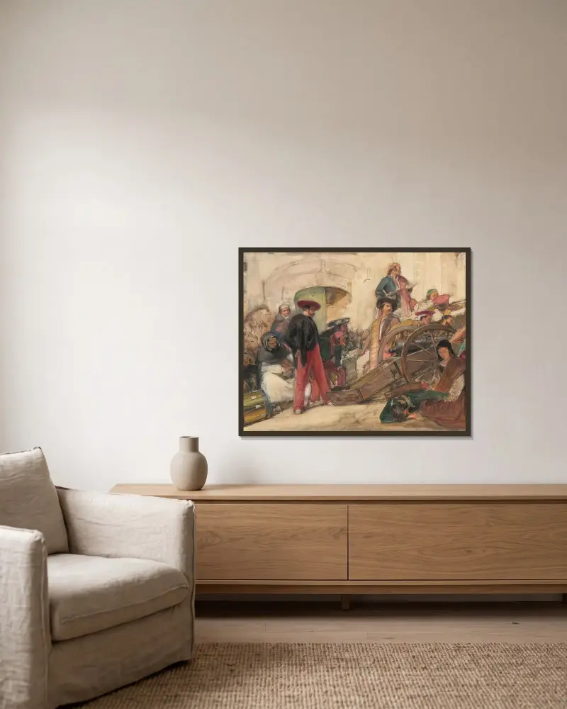 Spansk slagscen; Don Carlos utropande av John Frederick Lewis inramad på en vägg