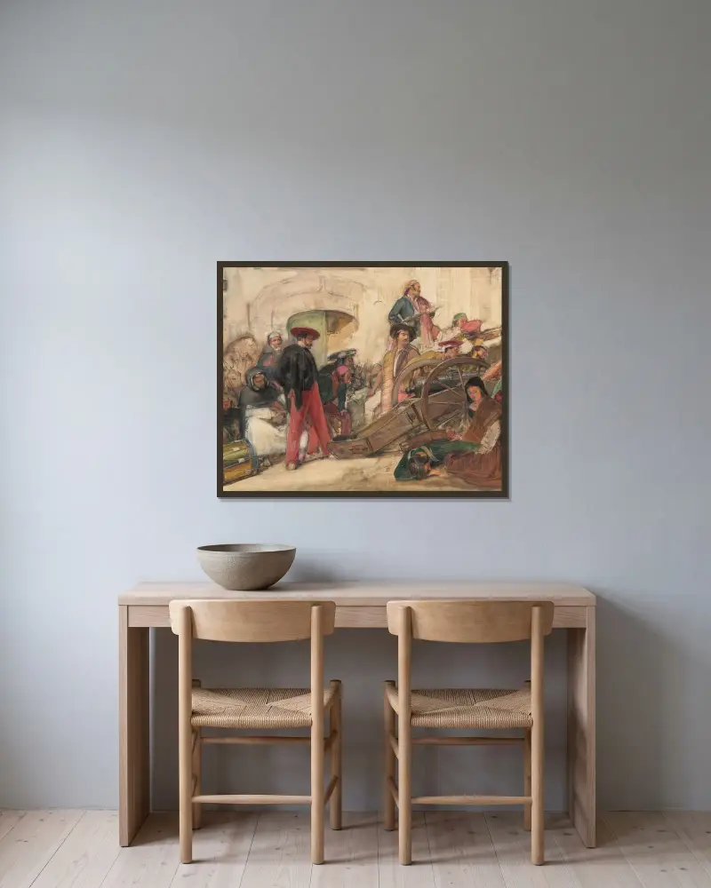 Spansk slagscen; Don Carlos utropande av John Frederick Lewis inramad på en vägg