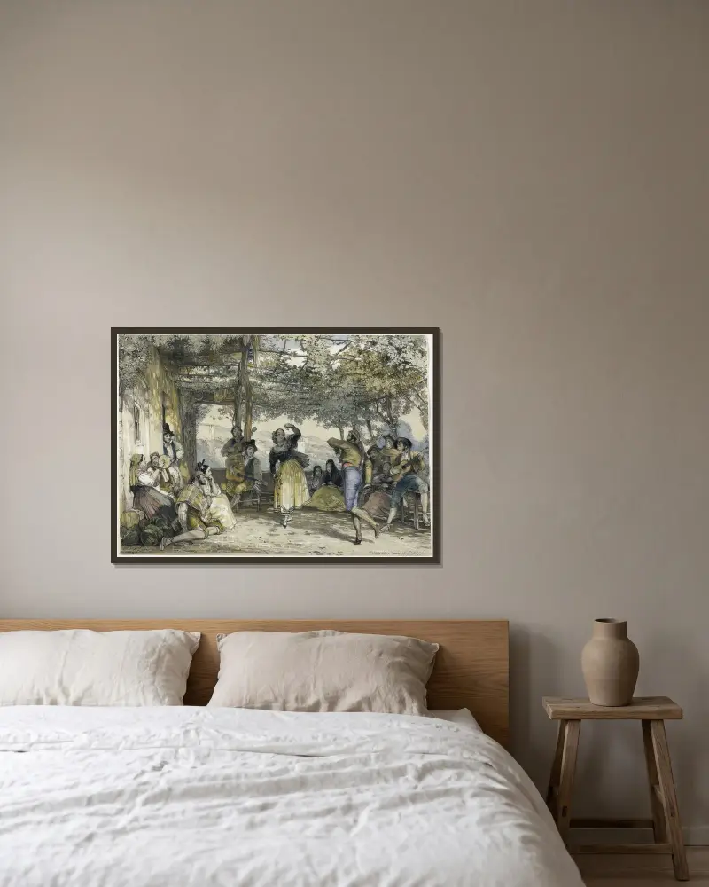 Spanska bönder som dansar bolero av John Frederick Lewis inramad på en vägg