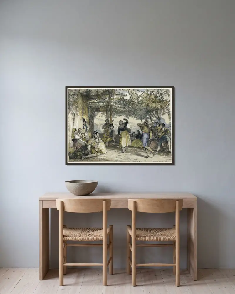 Spanska bönder som dansar bolero av John Frederick Lewis inramad på en vägg