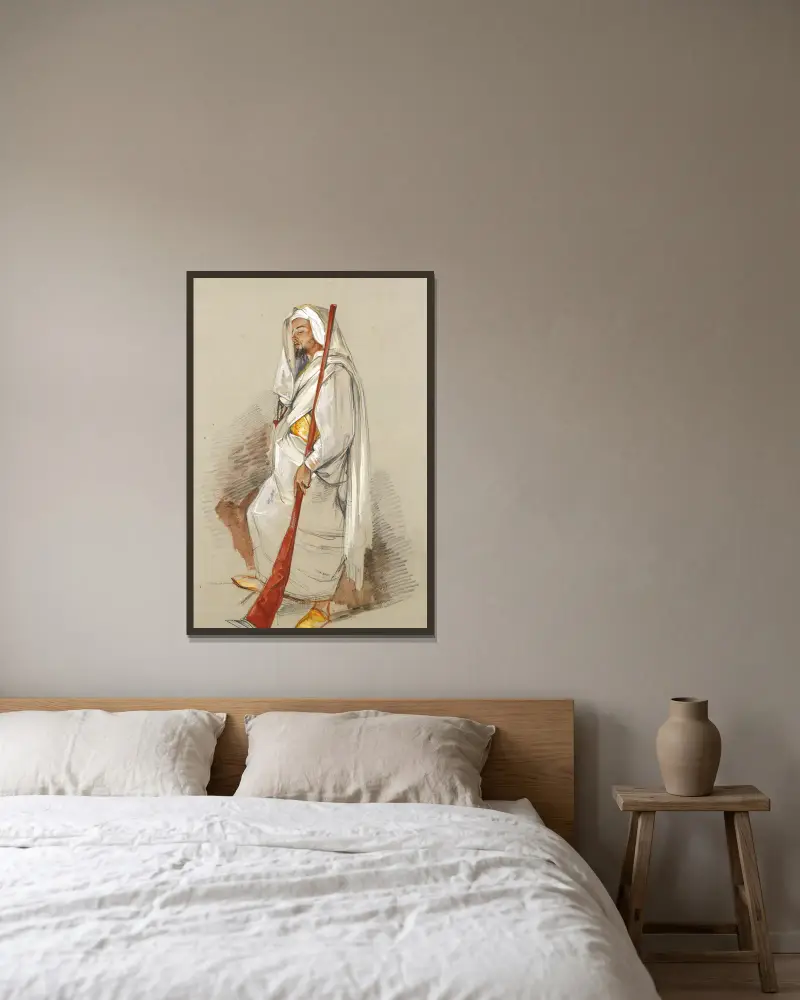 Studie eines Mannes in nordafrikanischer Kleidung von John Frederick Lewis gerahmt an einer Wand