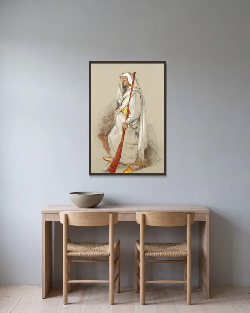 Studie eines Mannes in nordafrikanischer Kleidung von John Frederick Lewis gerahmt an einer Wand