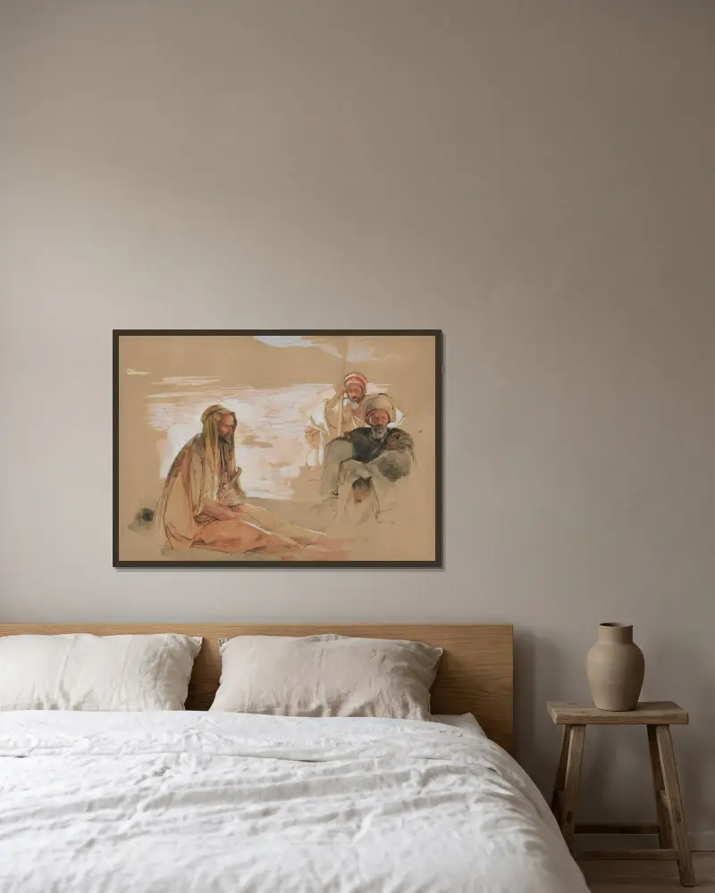 Studie av tre araber av John Frederick Lewis inramad på en vägg