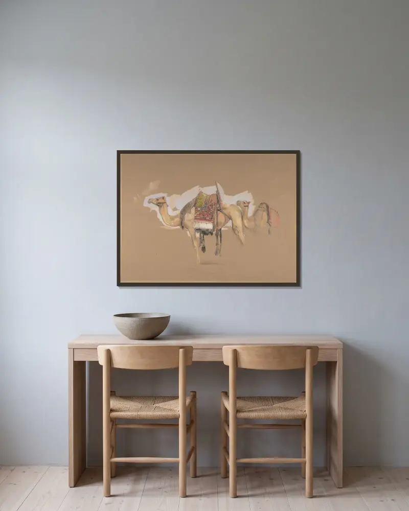 Två kameler av John Frederick Lewis inramad på en vägg