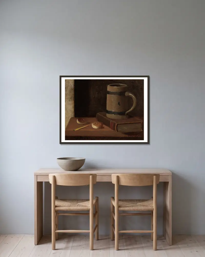 Krug, Buch, Kekse und Streichholz von John Frederick Peto gerahmt an einer Wand
