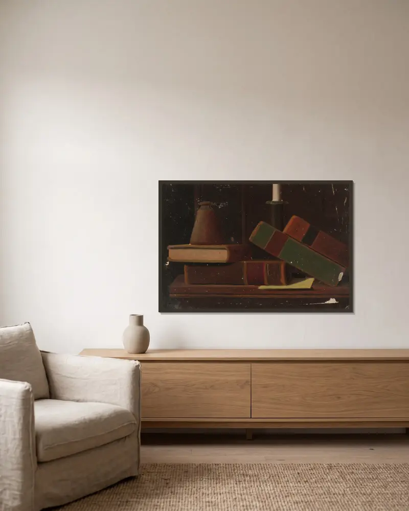 Still Life With Books av John Frederick Peto inramad på en vägg