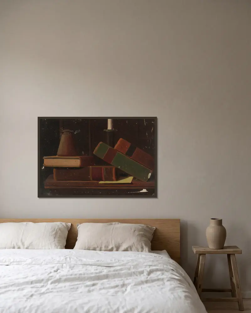 Still Life With Books av John Frederick Peto inramad på en vägg