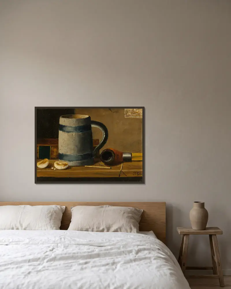 Still Life with Mug and Pipe av John Frederick Peto inramad på en vägg