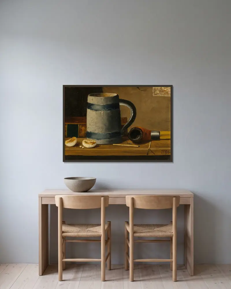 Still Life with Mug and Pipe av John Frederick Peto inramad på en vägg