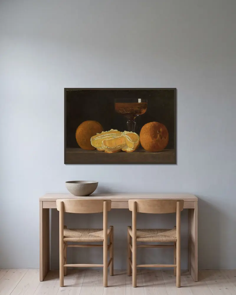 Still Life with Oranges and Goblet of Wine av John Frederick Peto inramad på en vägg