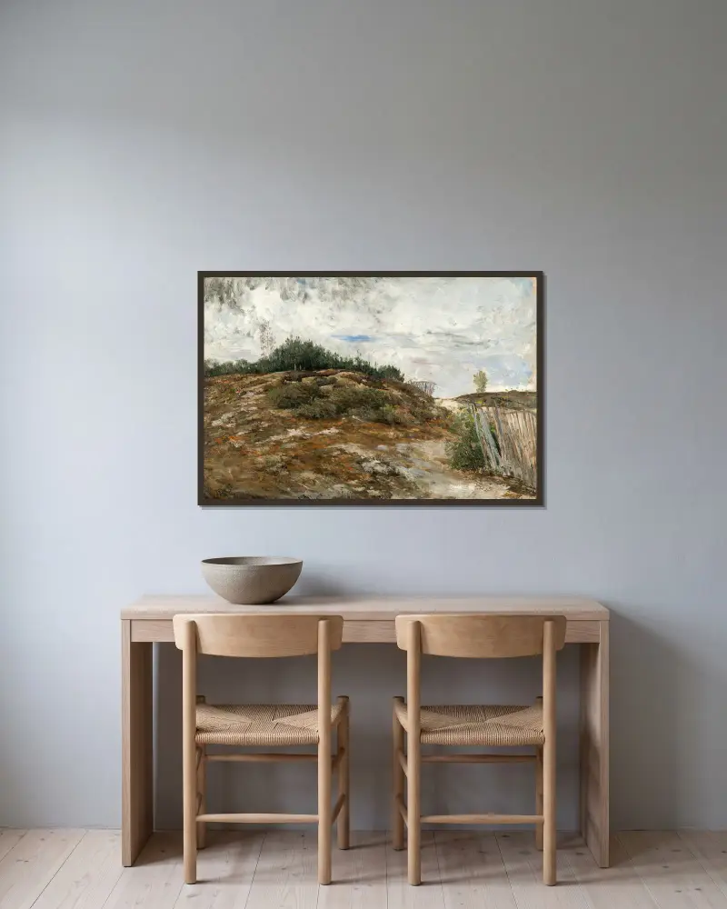 Skogsbevuxen ås, Fontainebleau av Carl Fredrik Hill inramad på en vägg