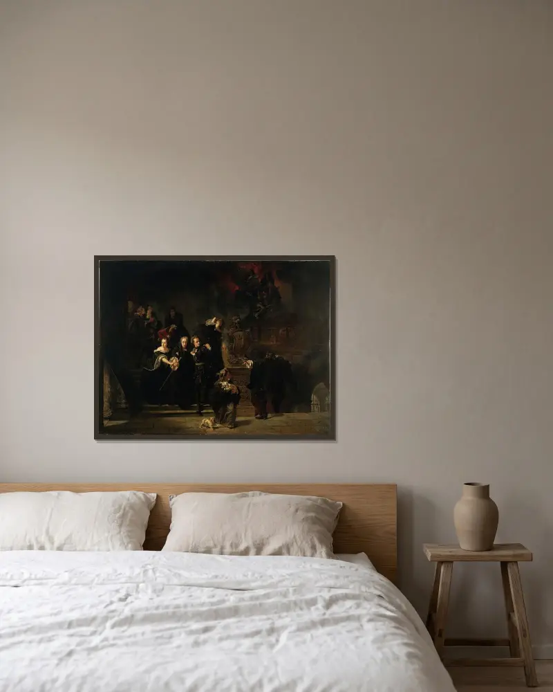 Branden på Slottet i Stockholm den 7 maj 1697 av Johan Fredrik Höckert inramad på en vägg
