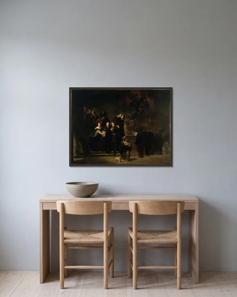 Branden på Slottet i Stockholm den 7 maj 1697 av Johan Fredrik Höckert inramad på en vägg