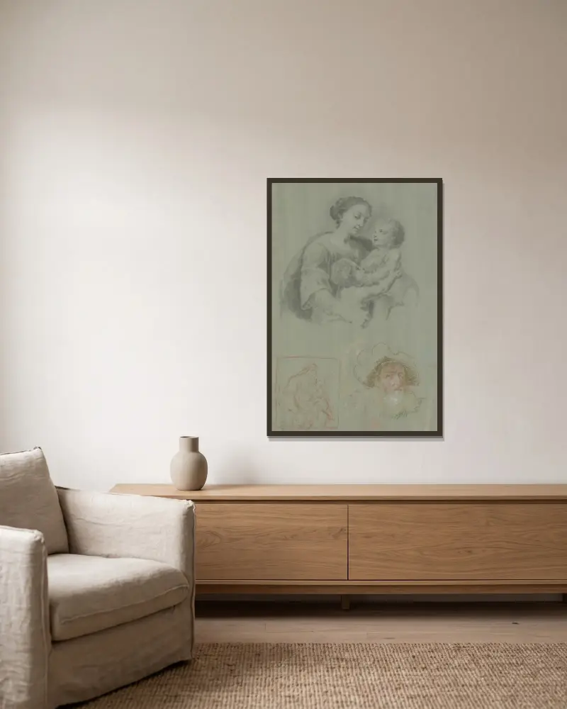 Studienblatt mit einer Madonna mit dem Kind und dem Johannesknaben, dazu ein bärtiger Mann mit Mütze von Heinrich Friedrich Füger gerahmt an einer Wand