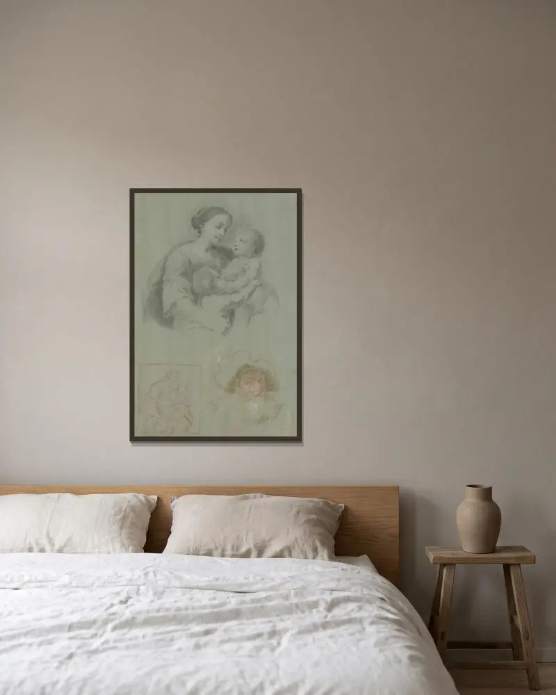 Studienblatt mit einer Madonna mit dem Kind und dem Johannesknaben, dazu ein bärtiger Mann mit Mütze von Heinrich Friedrich Füger gerahmt an einer Wand