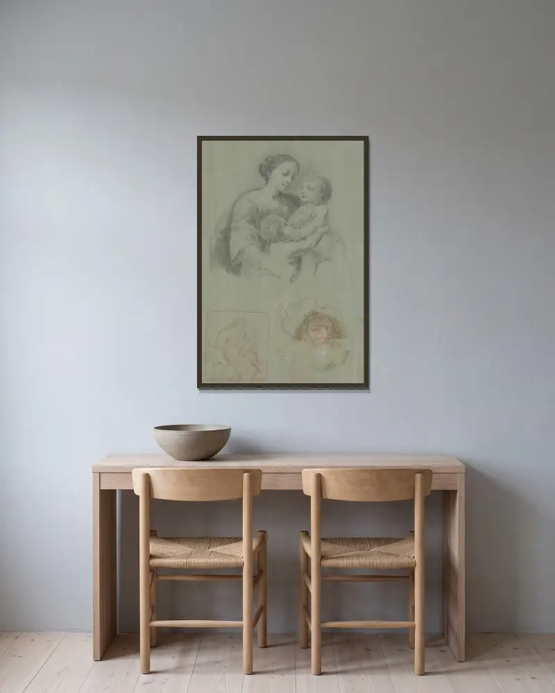 Studienblatt mit einer Madonna mit dem Kind und dem Johannesknaben, dazu ein bärtiger Mann mit Mütze von Heinrich Friedrich Füger gerahmt an einer Wand