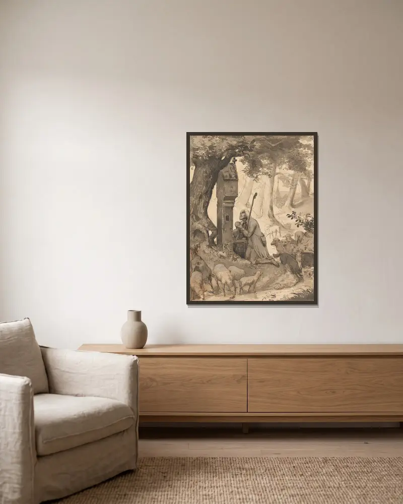 Betender Hirte von Karl Friedrich Lessing gerahmt an einer Wand