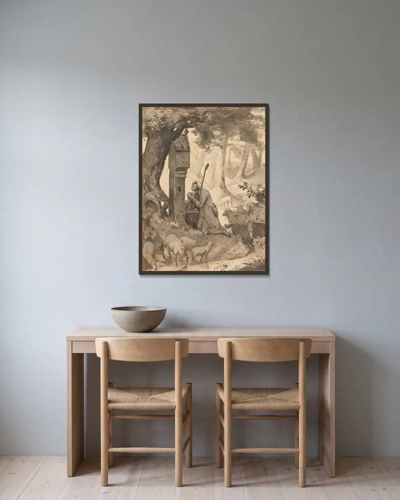 Betender Hirte von Karl Friedrich Lessing gerahmt an einer Wand