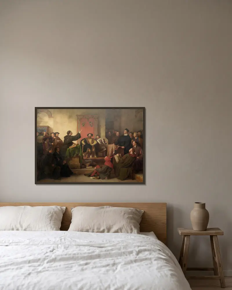 Disputation zwischen Luther und Eck av Karl Friedrich Lessing inramad på en vägg