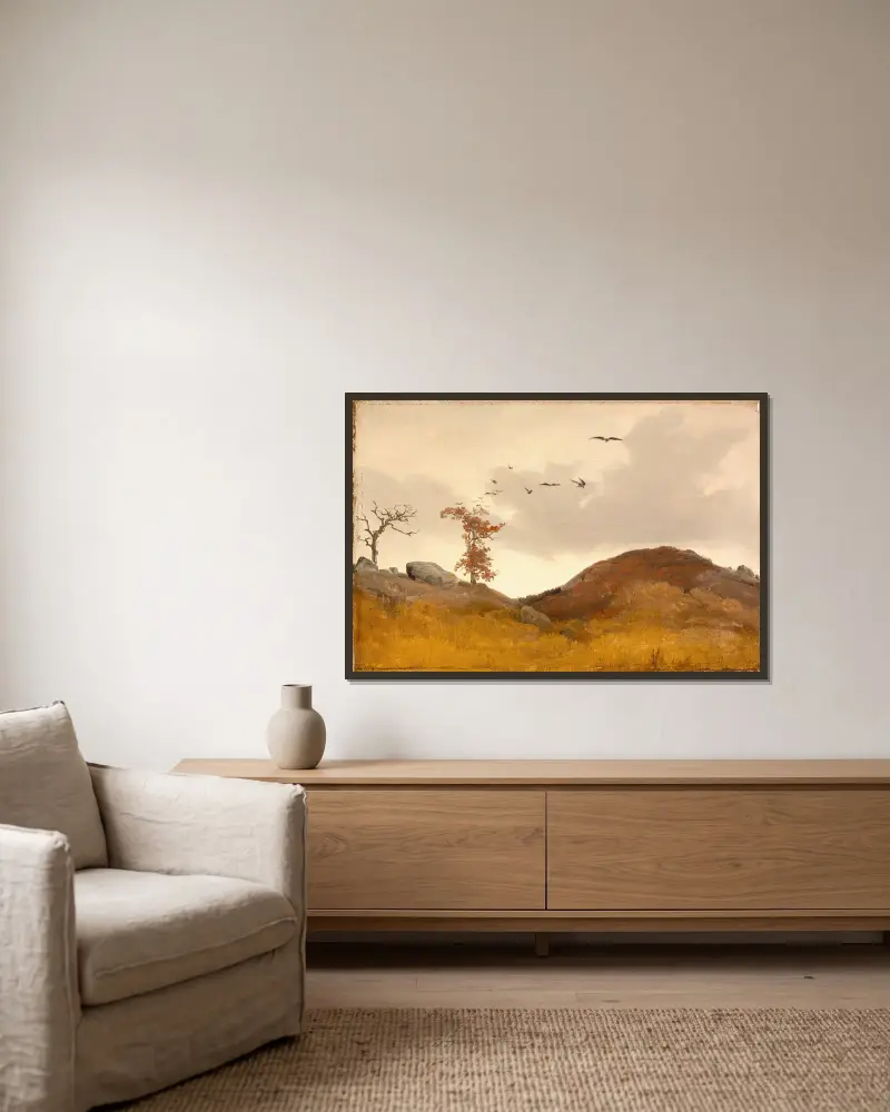 Landschaft mit Krähen von Karl Friedrich Lessing gerahmt an einer Wand