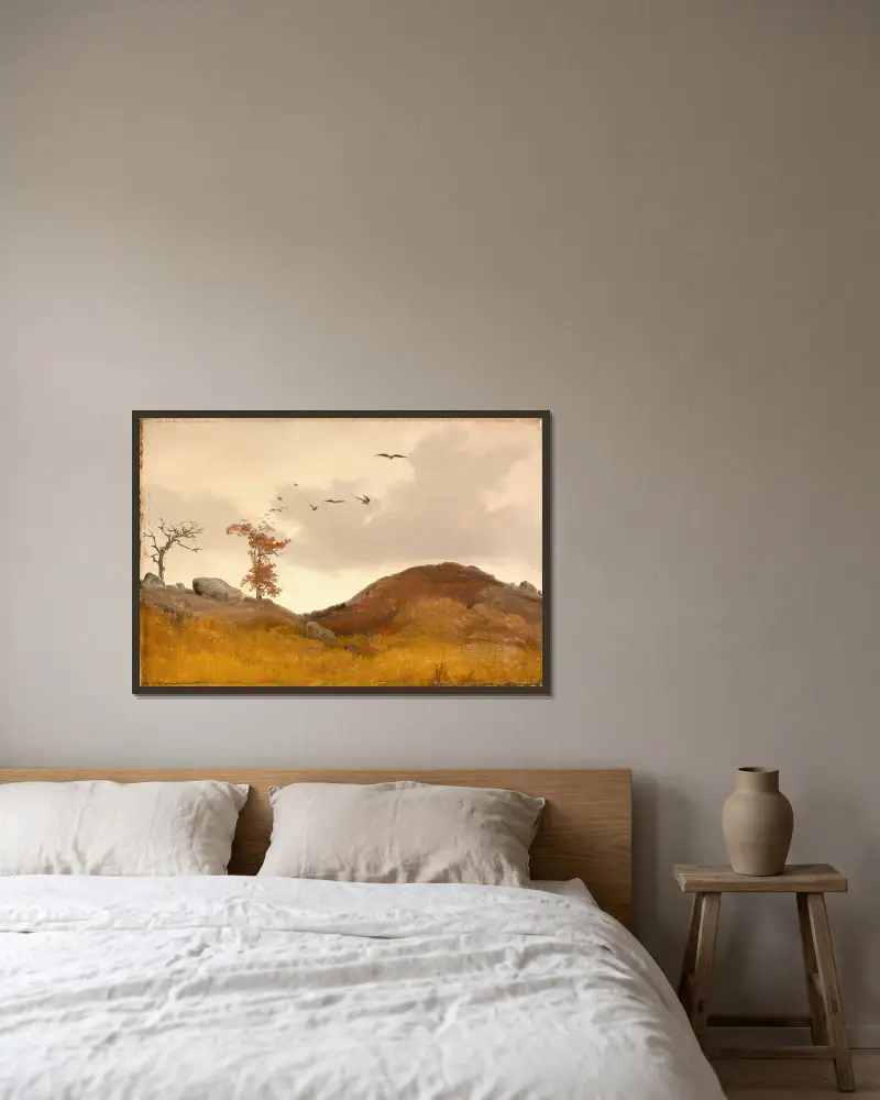 Landschaft mit Krähen von Karl Friedrich Lessing gerahmt an einer Wand