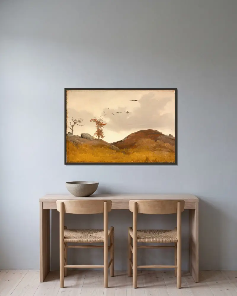 Landschaft mit Krähen von Karl Friedrich Lessing gerahmt an einer Wand