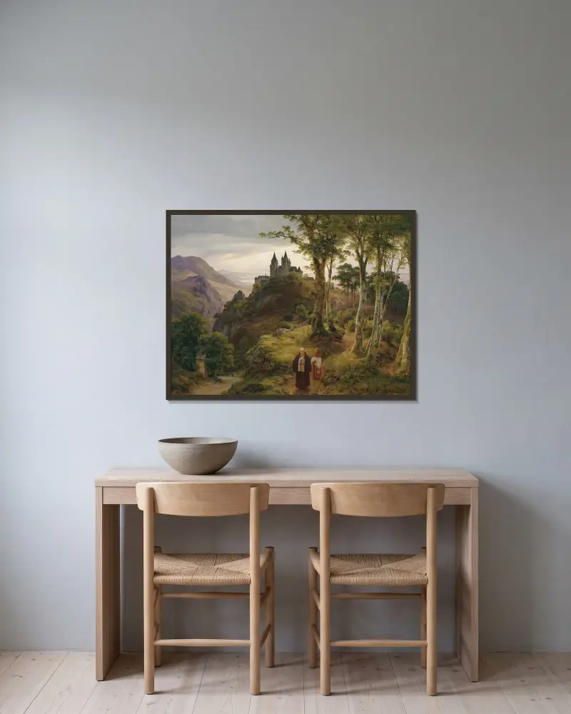 Romantische Landschaft mit Klosteranlage av Karl Friedrich Lessing inramad på en vägg