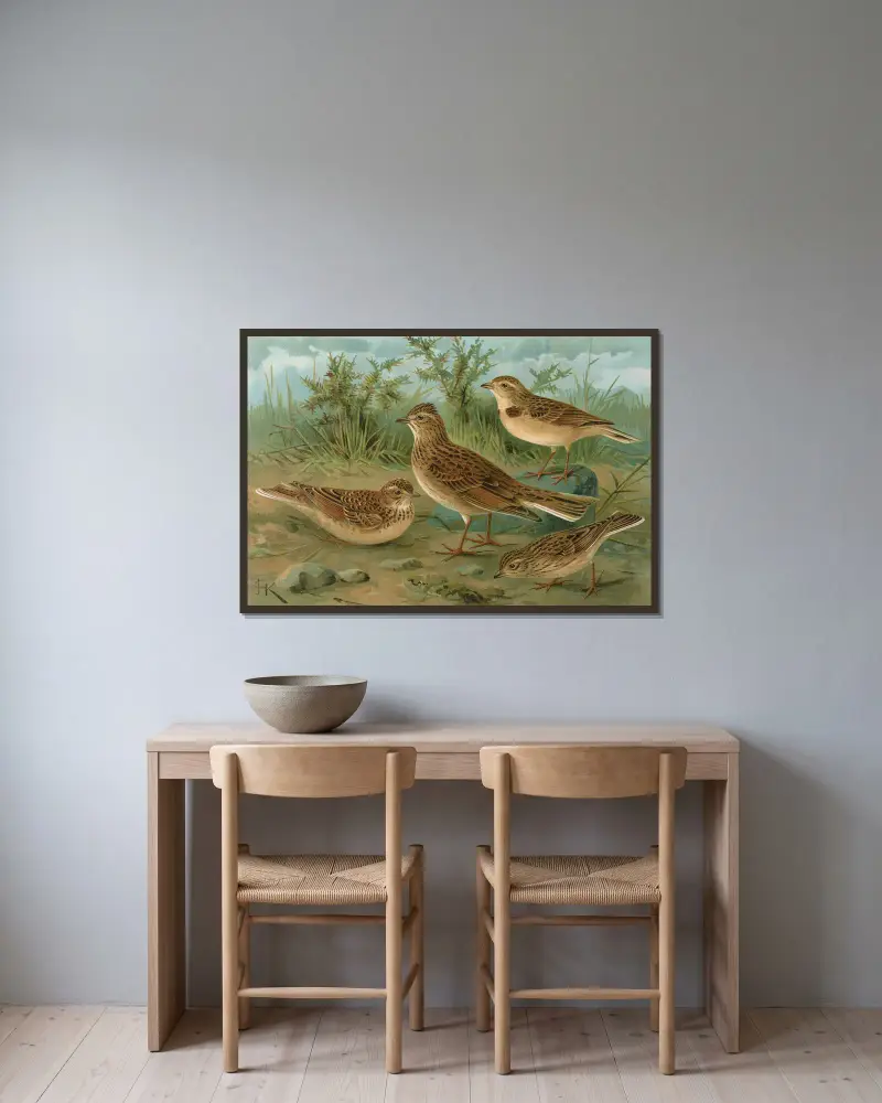 Alauda arvensis, Calandrella brachydactyla, Calandrella pispoletta av Johann Friedrich Naumann inramad på en vägg