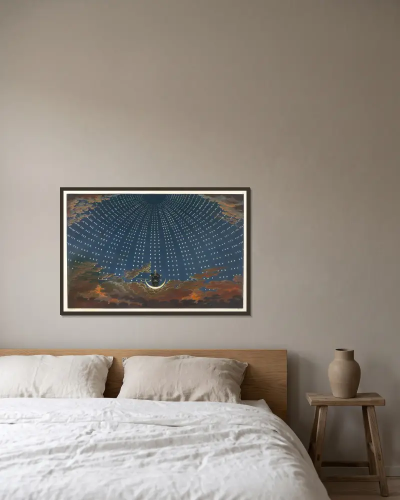 Scendekor till Trollflöjten; Stjärnornas sal i Nattens drottnings palats, akt 1, scen 6 av Karl Friedrich Schinkel inramad på en vägg