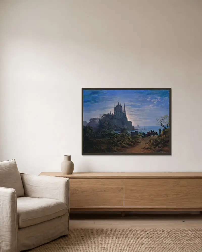 Gotisk kyrka på en klippa vid havet av Karl Friedrich Schinkel inramad på en vägg