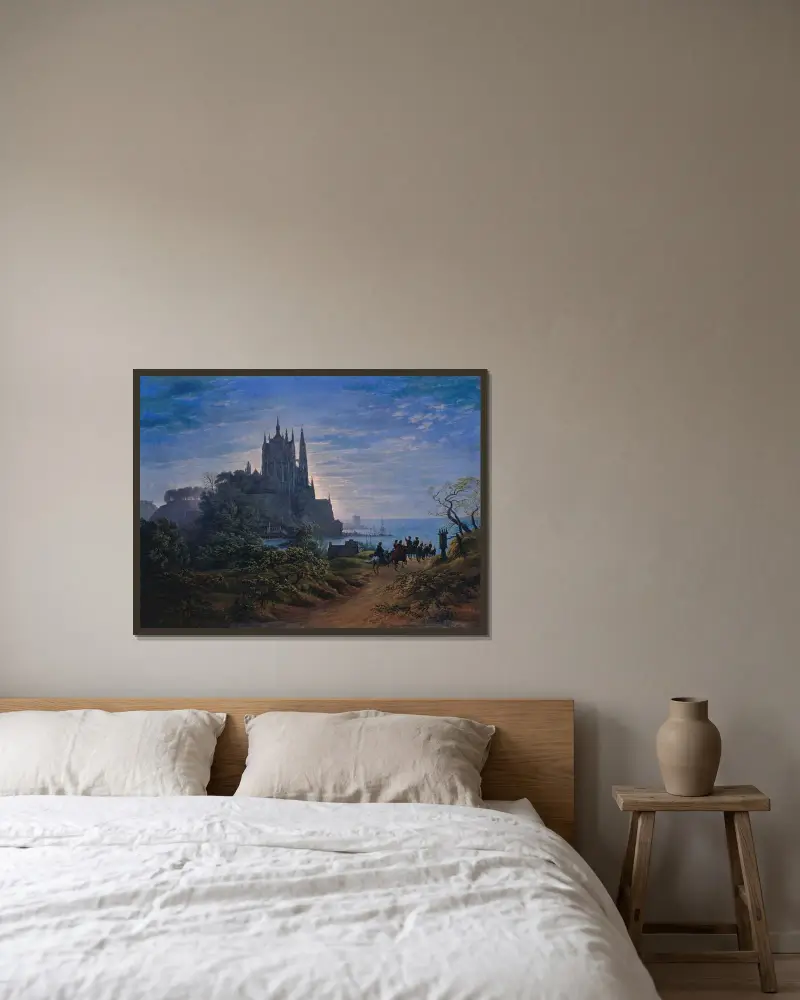 Gotisk kyrka på en klippa vid havet av Karl Friedrich Schinkel inramad på en vägg