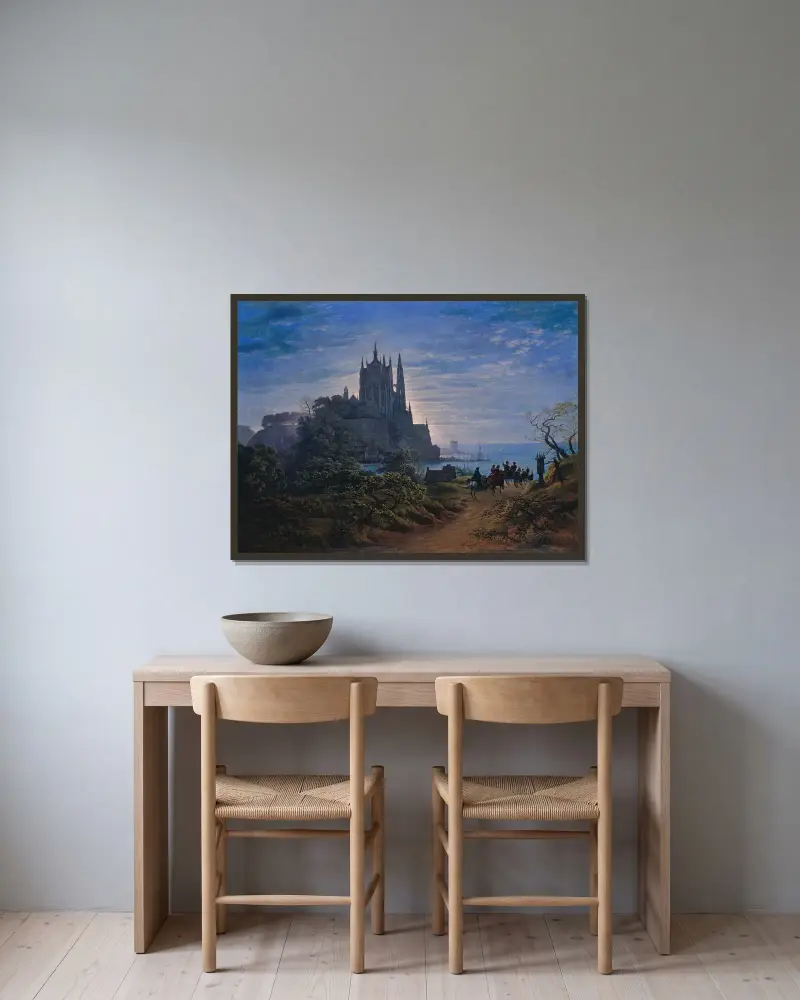 Gotisk kyrka på en klippa vid havet av Karl Friedrich Schinkel inramad på en vägg